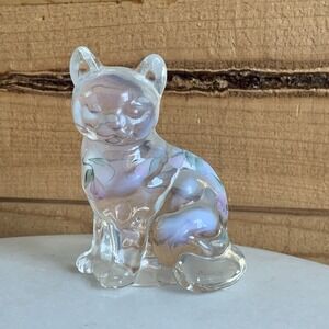 Fenton MCM Glass Cat Hand Painted With Flowers Floral Design Opalescent 3.5"‎